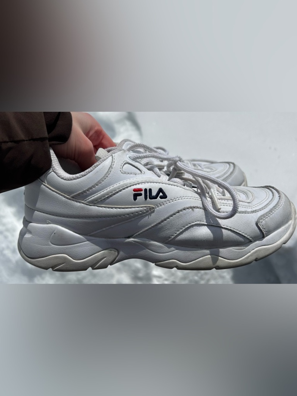 Fila White Leather Low-Top Sneakers with Navy & Red Logo